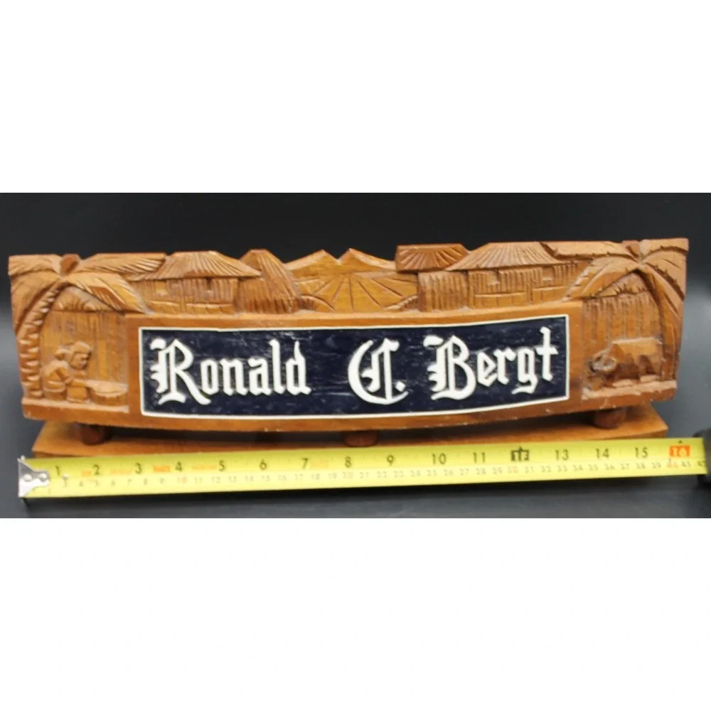 Vintage Hand Carved Balinese Wood Name Plates Desk Signs Custom Names Set of 2